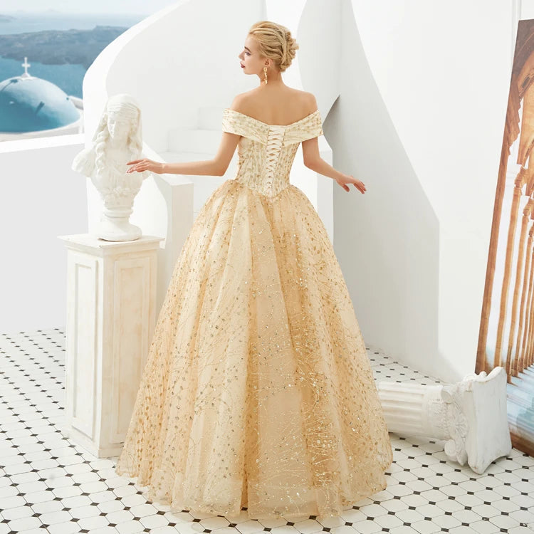 New Fashion Off the Shoulder Gold Sequin Bridal Gown Custom Made Ball Gown Evening Dresses Long