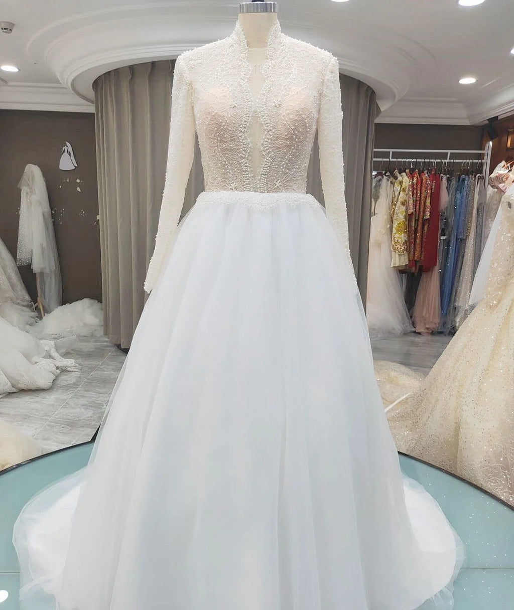 9118# High Neck Casual Beach A-Line Lace Beading Puffy  Wedding Dresses Long Sleeve  Lace Boho Wedding Dress Bridal Gown