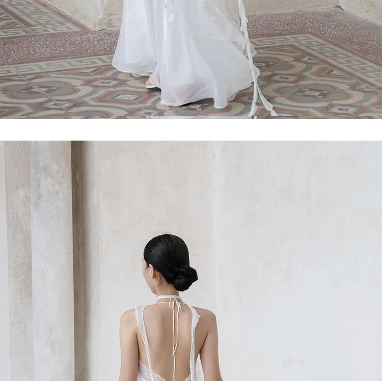 White Lace Halter Lace-Up Spaghetti Strap Floor-Length Bridal Robe Dress  Illusion Beach Vacation Banquet Gown