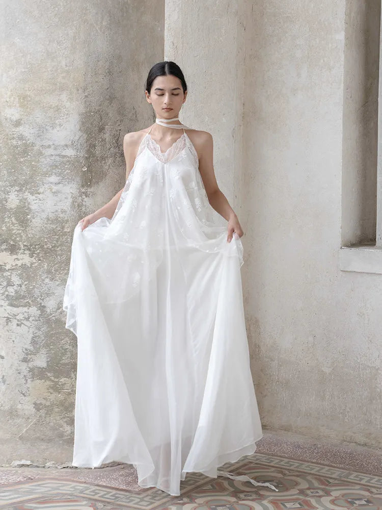 White Lace Halter Lace-Up Spaghetti Strap Floor-Length Bridal Robe Dress  Illusion Beach Vacation Banquet Gown
