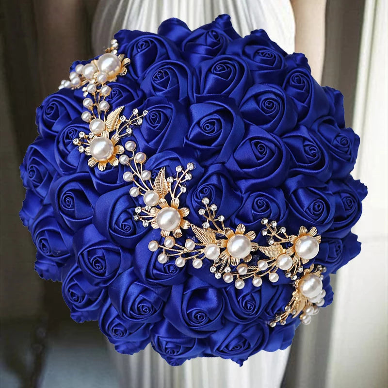 1pc/lot Navy Wedding Bouquet Gold Diamond Silver Diamond Pearl Decoration Bridal Wedding Bouquet Artificial Ribbon Rose