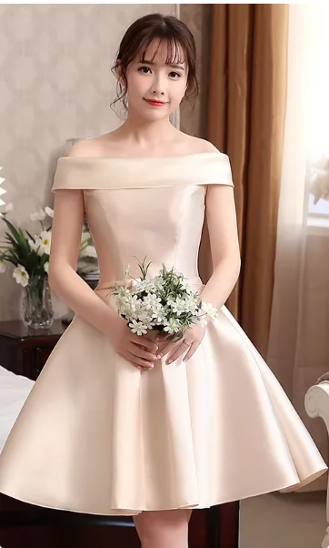 Pink Off Shoulder Bridesmaid Dress Simple Satin Sweet Bow Wedding Wedding Female Guest Dresses Fashion A-line Short Party Gown