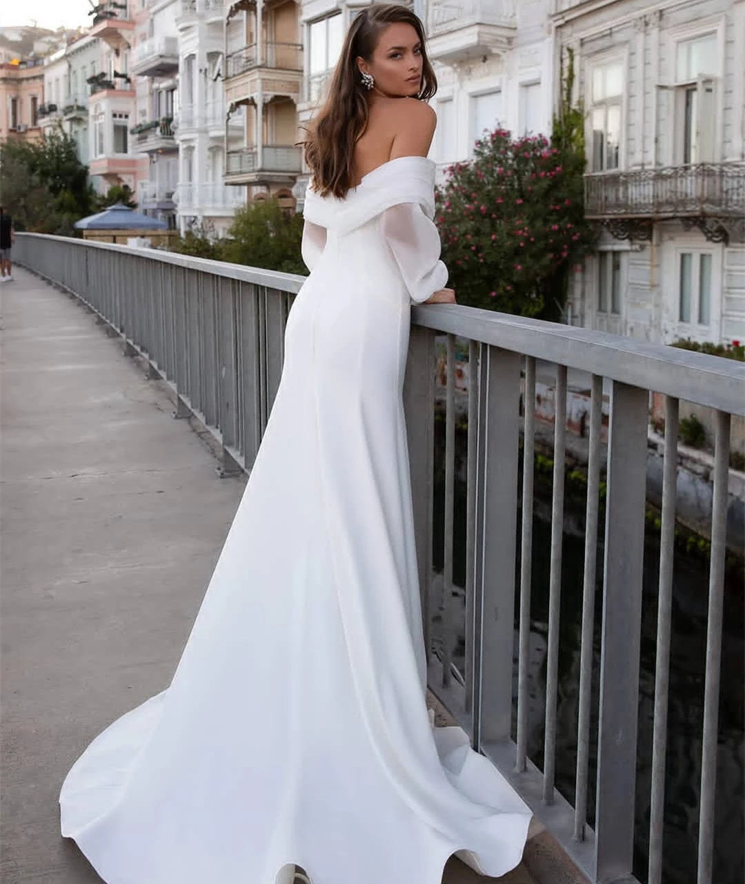13163#Mermaid Simple Wedding Dresses Off-Shoulder Puffy Sleeves Pleated Boho Civil Soft Satin Elegant Wedding Bridal Gown