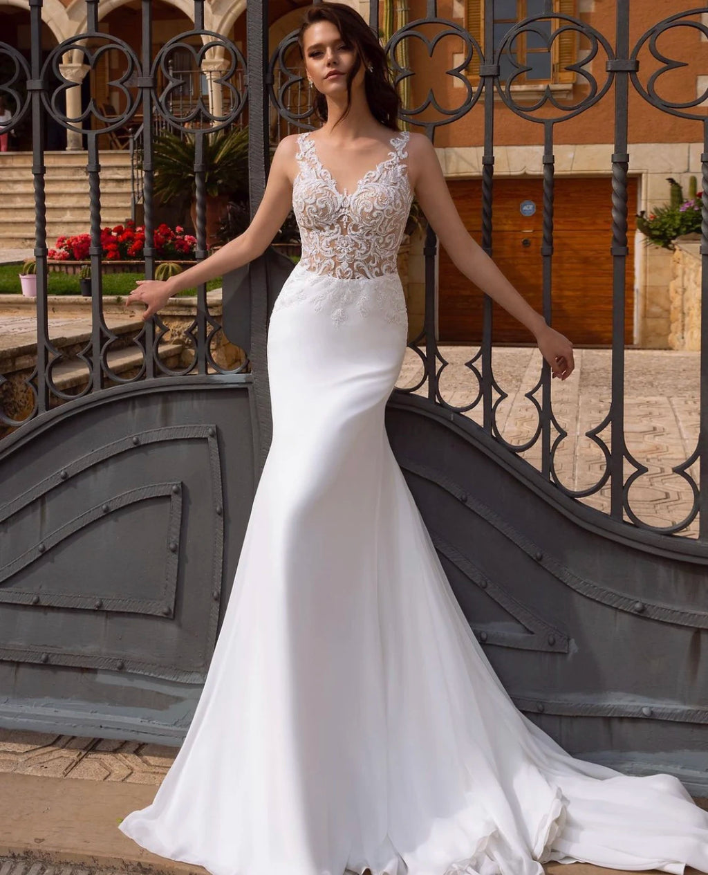 ON430 Deep V-Neck Mermaid Wedding Dresses Capped Sleeveless Lace Appliques Backless Formal Satin Bridal Gown Long Sweep Train
