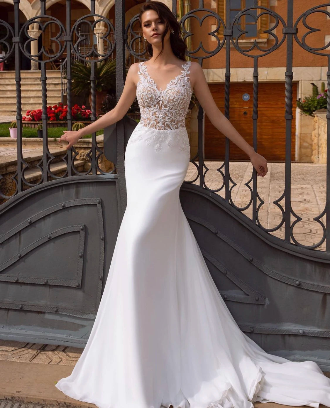 ON430 Deep V-Neck Mermaid Wedding Dresses Capped Sleeveless Lace Appliques Backless Formal Satin Bridal Gown Long Sweep Train