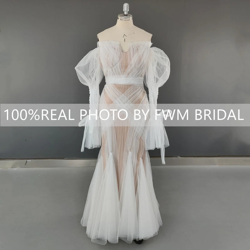 8692# Real Photos Exquisite Lace Mermaid Wedding Dress Bridal Gown for Women Puffy Sleeves Tulle Sweep Train Even Dresses