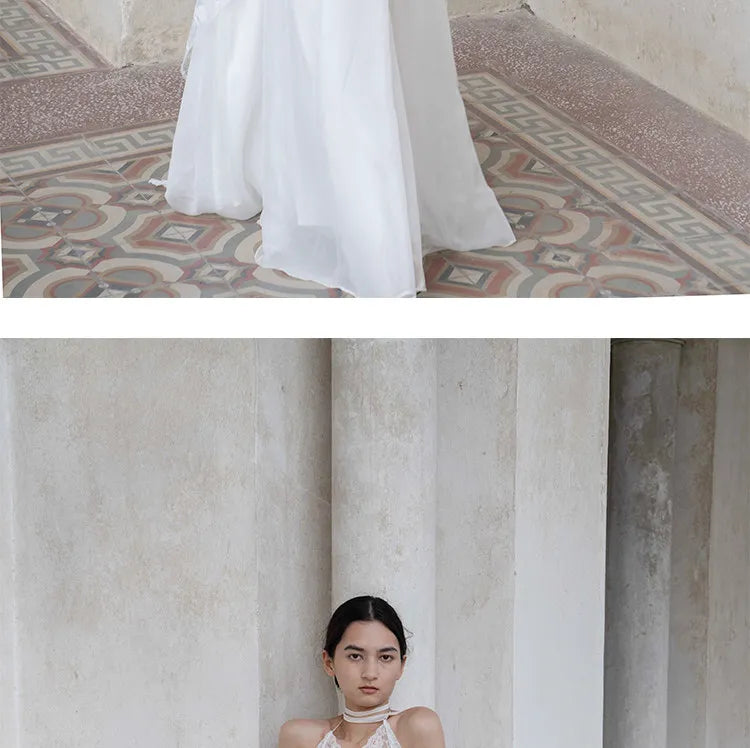 White Lace Halter Lace-Up Spaghetti Strap Floor-Length Bridal Robe Dress  Illusion Beach Vacation Banquet Gown