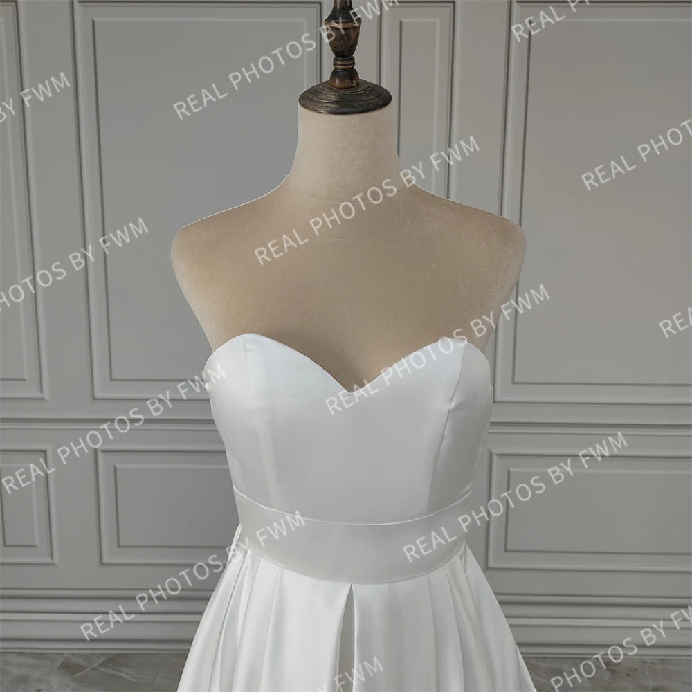 15506# Real Photos 2 in 1 High Low Boat Neck Sweep Train Satin A-line Wedding Dress Bridal Gown for Women With Pockets