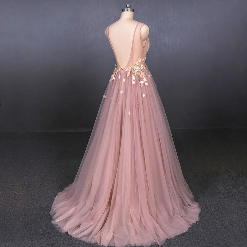 Customized Deep V-Neck Backless Pink Peach Blossom Wedding Dress for Bride and Bridesmaids Modern Slimming Tiered Decoration