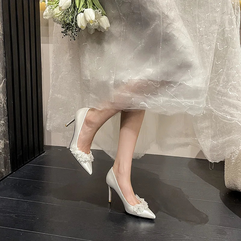 2023 Wedding Bridal Shoes Silk White Flower Temperament Dress 7CM/9CM Thin Heels Slip-On Ladies for Summer Autumn Breathable