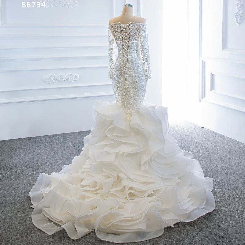 Jancember RSM66734 Mermaid Tail Off Shoulder Luxurious Long Sleeve Lace Wedding Dress