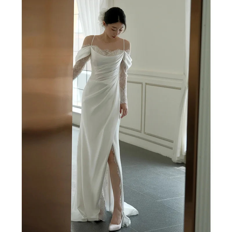 S0176G   2026 New Satin -shaped Shoulder Strap Simple Korean Welcome Bride Dragging Lace Party Dresses Women Evening Elegance