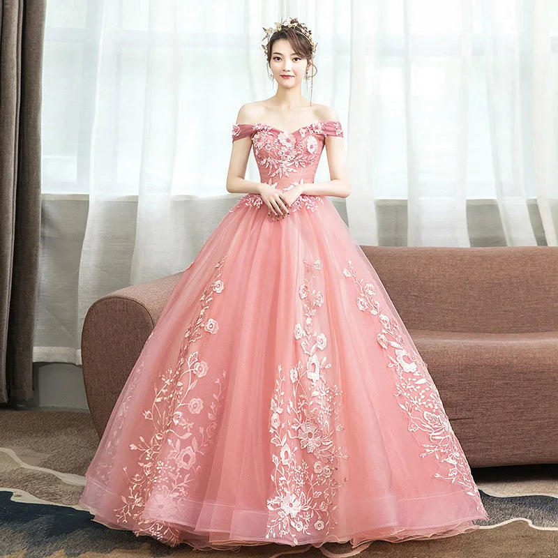 S 147A Evening Dress Long Style New Lace Beaded White Mesh Tulle Tutu Dress Slim Back Straps Bridal Wedding Dress