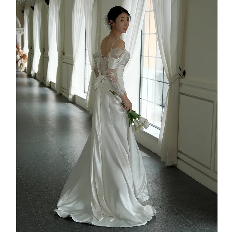 S0176G   2026 New Satin -shaped Shoulder Strap Simple Korean Welcome Bride Dragging Lace Party Dresses Women Evening Elegance