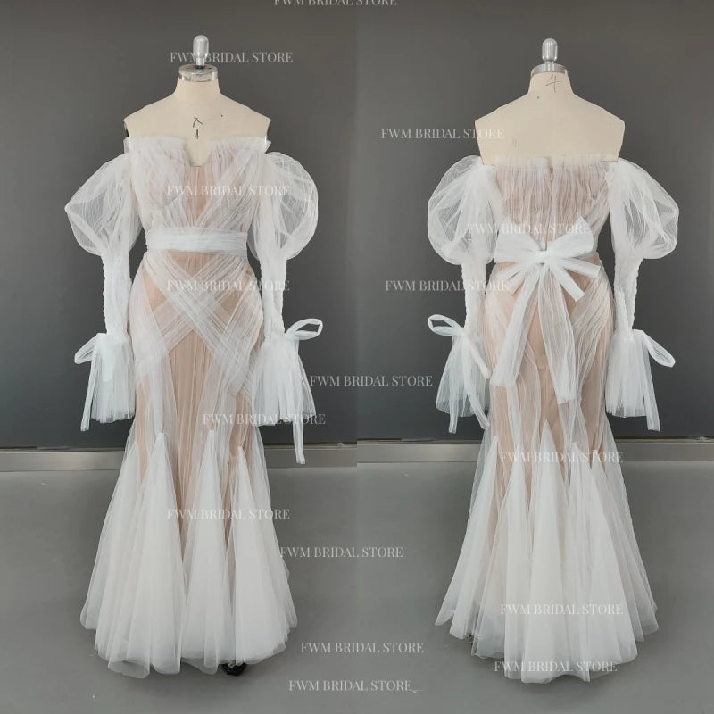 8692# Real Photos Exquisite Lace Mermaid Wedding Dress Bridal Gown for Women Puffy Sleeves Tulle Sweep Train Even Dresses
