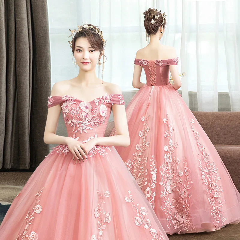 S 147A Evening Dress Long Style New Lace Beaded White Mesh Tulle Tutu Dress Slim Back Straps Bridal Wedding Dress