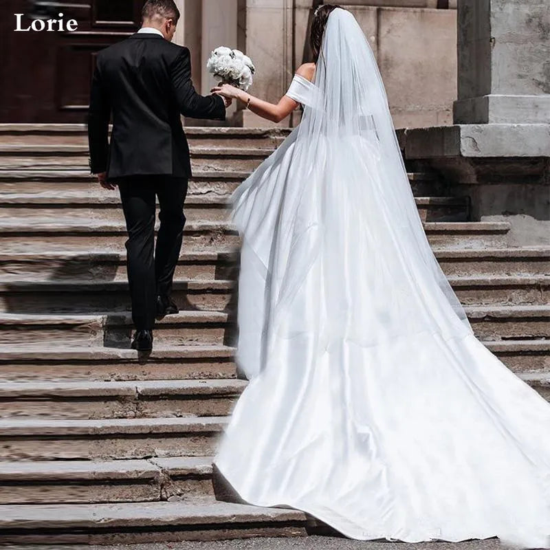LORIE Princess Wedding Dresses Satin Vintage Off The Shoulder Wedding Bride Dresses Long Train White Wedding Ball Gown Customize