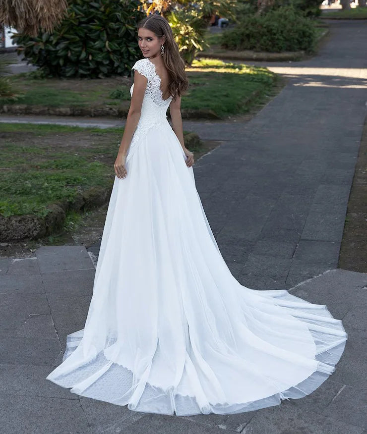 FA194 Wedding Dress V-Neck Capped Sleeve a Line Boho Simple Bridal Gowns Vestido De Noiva Elegant Plus Size Bride Dresses