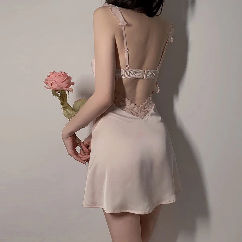 Custom Logo Pure Lust Plus Breast Padded Suspender Nightgown Cardigan Robe Sexy Satin Patchwork Home Wear Pajamas Women