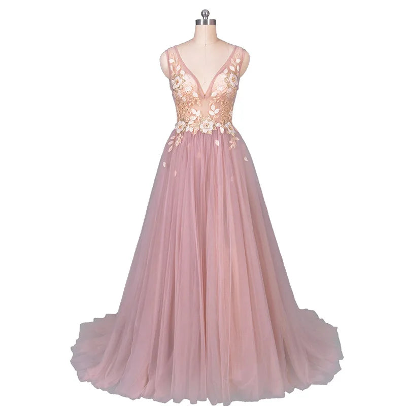 Customized Deep V-Neck Backless Pink Peach Blossom Wedding Dress for Bride and Bridesmaids Modern Slimming Tiered Decoration