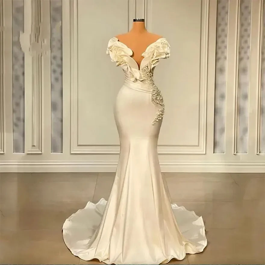 Dubai Saudi Arabia Pearls Mermaid Wedding Dresses Off the Shoulder Ivory Satin Ruffles Bridal Gowns Boho Bride Reception MW652