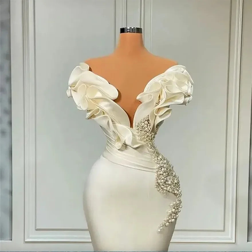 Dubai Saudi Arabia Pearls Mermaid Wedding Dresses Off the Shoulder Ivory Satin Ruffles Bridal Gowns Boho Bride Reception MW652
