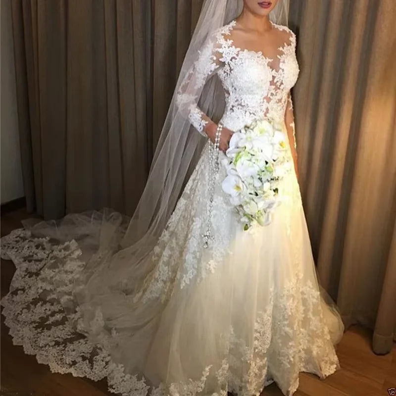 FA181 Vestido De Noiva Lace Wedding Dresses Illusion Long Sleeves Wedding Gown Bridal Dress White Ivory Saudi Arabic Bridal Gown