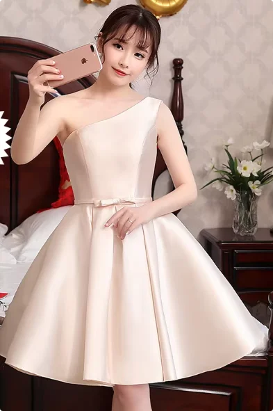Pink Off Shoulder Bridesmaid Dress Simple Satin Sweet Bow Wedding Wedding Female Guest Dresses Fashion A-line Short Party Gown