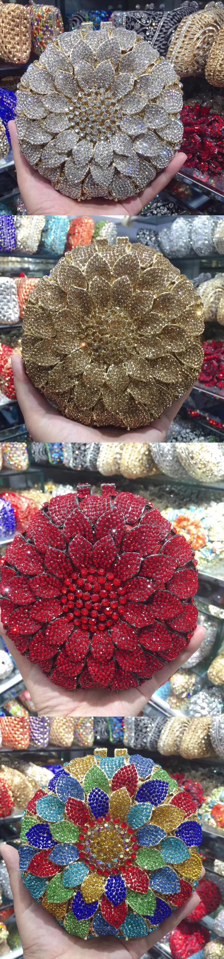 Gold/Yellow Sunflower Clutch Crystal Round Evening Bags Women Wedding Purse Bridal Bags Party Dazzling Diamond Handbags Minaudie