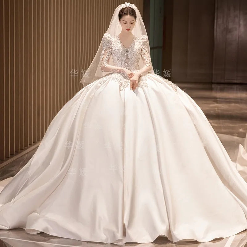 S0417T High-End Bohemian Wedding Dress One-Shoulder Beaded Diamond Tulle Elegant Dreamy Simple Spring Bridal Gown High Collar