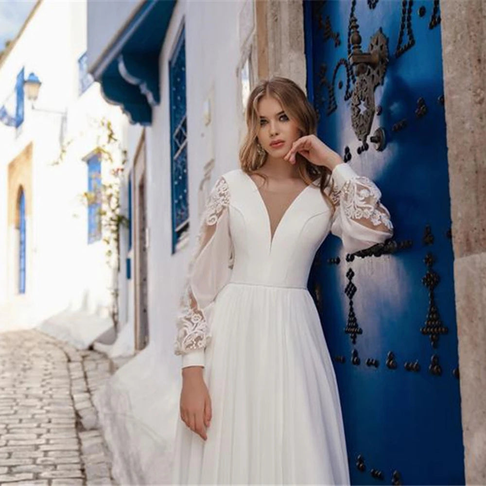 13104#A-Line Simple V-Neck Beach Bohemian Pleated Chiffon Princess Lace-up Long Sleeve Lace Appliques Wedding Dress Bridal Gown