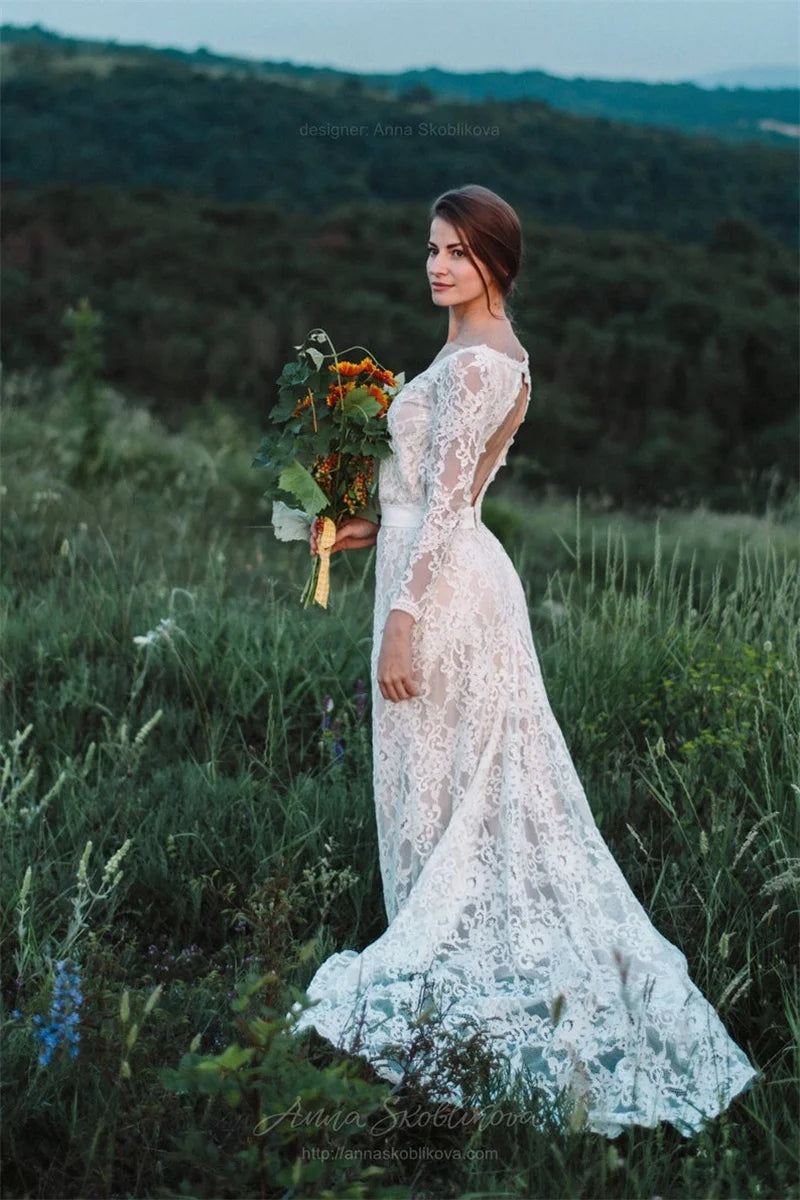 11187#Deep V-Neck Sexy Long Sleeve Bridal Dress Sweep Train Lace Bohemian Boho Beach Wedding Dress Wedding Gown Bridal Gown