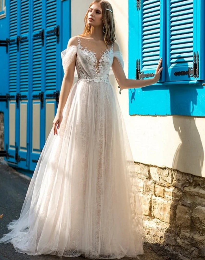 4247# Real Photos Appliques Wedding Dress O-Neck Lace Short Sleeve Illusion Straps Back A-Line Ruched Tulle  Bridal Gown