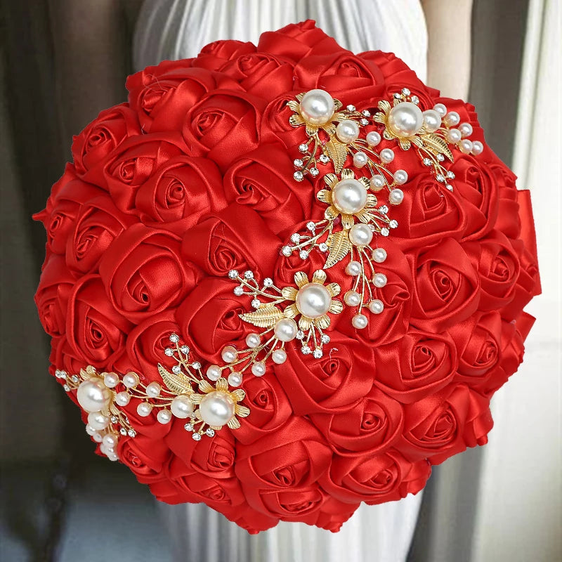 1pc/lot Navy Wedding Bouquet Gold Diamond Silver Diamond Pearl Decoration Bridal Wedding Bouquet Artificial Ribbon Rose