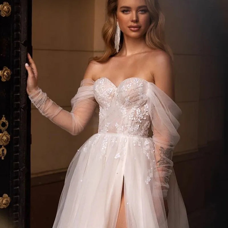 13073#Classic Elegant Off-Shoulder Long Sleeves Backless Bohemian Tulle Lace Split Wedding Dress Satin Sweep Train Bridal Gown