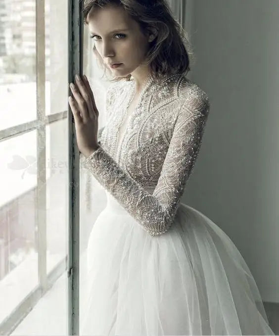 9118# High Neck Casual Beach A-Line Lace Beading Puffy  Wedding Dresses Long Sleeve  Lace Boho Wedding Dress Bridal Gown