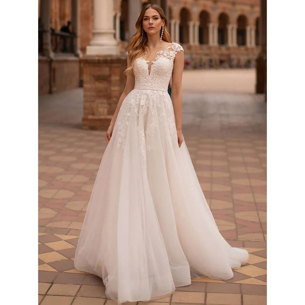 13145#Elegant Simple Wedding Dresses A-Line Boat Neck Cap Sleeves Illusion Back Sweep Train Lace Applique Wedding Bridal Gown