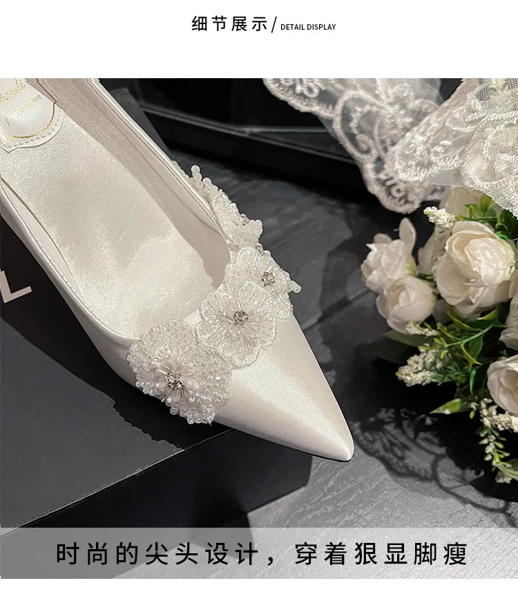 2023 Wedding Bridal Shoes Silk White Flower Temperament Dress 7CM/9CM Thin Heels Slip-On Ladies for Summer Autumn Breathable