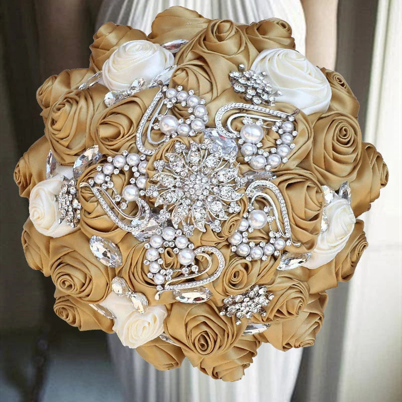 1pc/lot  Red Wedding Bouquet Gold Diamond Silver Diamond Pearl Decoration Bridal Wedding Bouquet Artificial Ribbon Rose Weddin