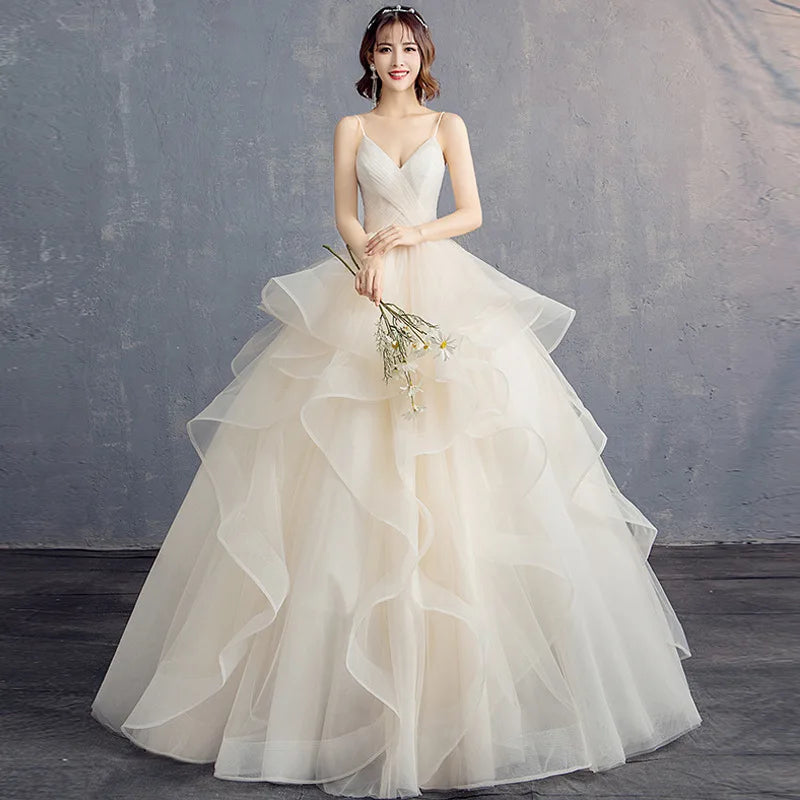 Custom 2022  New Summer Wedding Dress Sexy V Neck Ball Gowns Spaghetti Straps Tulle Prom Bridal Dress