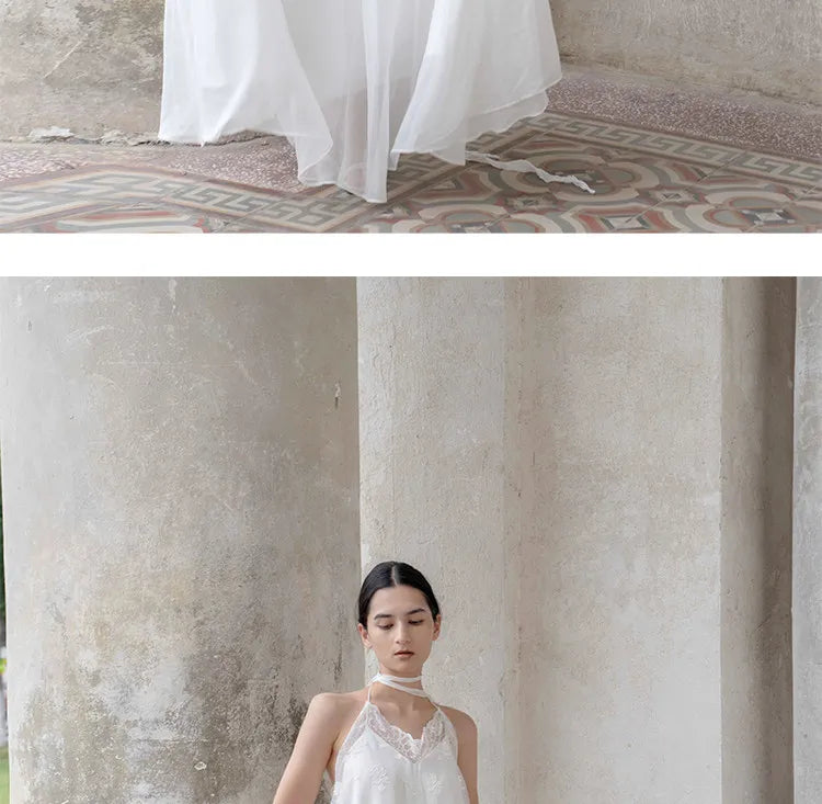 White Lace Halter Lace-Up Spaghetti Strap Floor-Length Bridal Robe Dress  Illusion Beach Vacation Banquet Gown