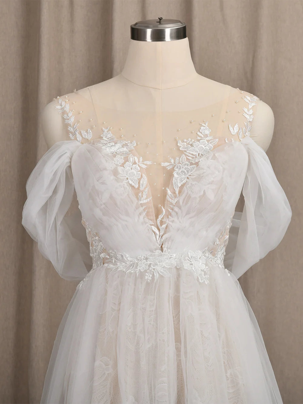 4247# Real Photos Appliques Wedding Dress O-Neck Lace Short Sleeve Illusion Straps Back A-Line Ruched Tulle  Bridal Gown