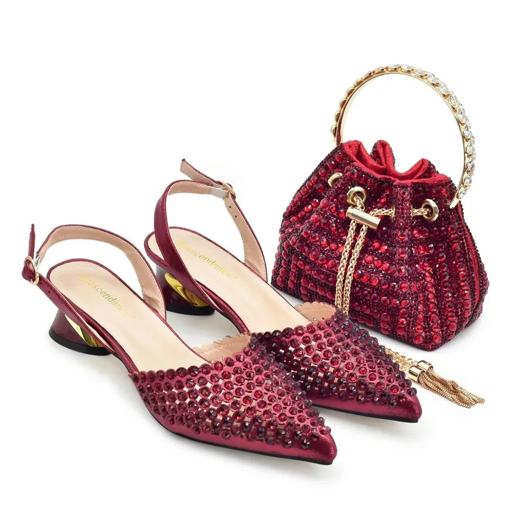 Banquet Plus Size Bridal Shoes Slip-On Pointed Toe Floral Pattern Breathable Round Heel Women's Shoes and Bag Set