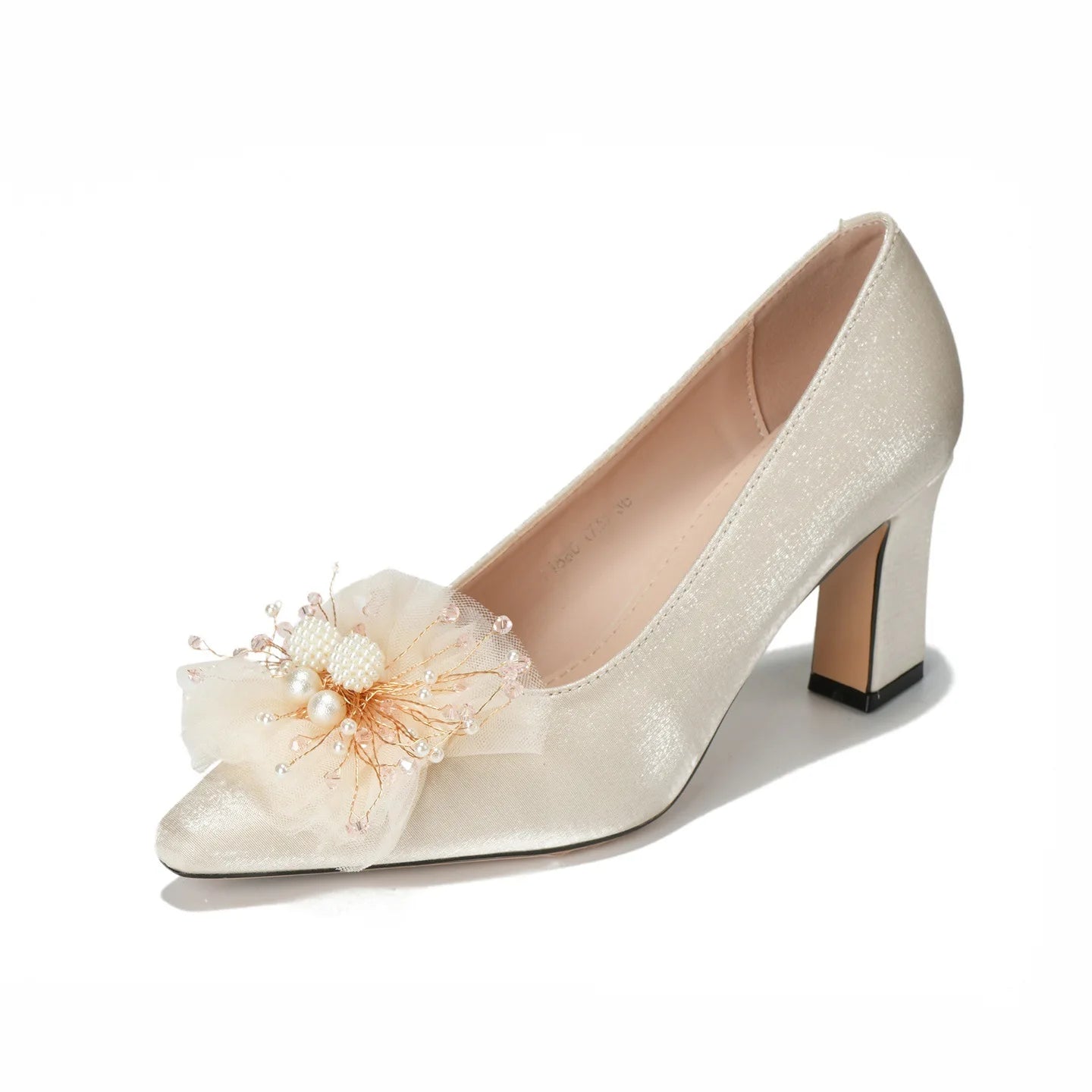 Youxianmei Solid Pumps Pointed Toe Satin Block Heel Bridal Shoes Flower Decoration High Heel Light Weight Buckle Strap High