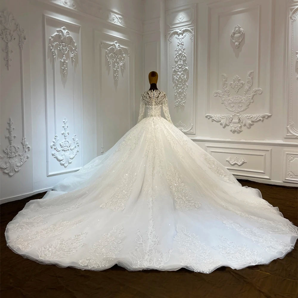 Luxury Beading With Floral Applique Puffy Long Sleeve Princess Ball Gown Vintage Wedding Dress With Cathedral Train LSCJ30