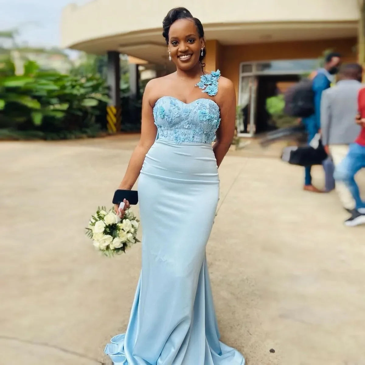 Mermaid Wedding One Shoulder Lace Applique Satin Bow Ruched Plus Size Maid of Honor Sky Blue Bridesmaid Dress MB395