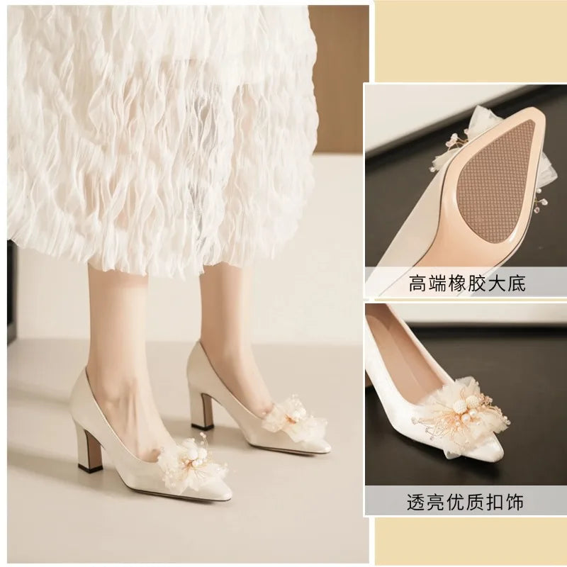Youxianmei Solid Pumps Pointed Toe Satin Block Heel Bridal Shoes Flower Decoration High Heel Light Weight Buckle Strap High