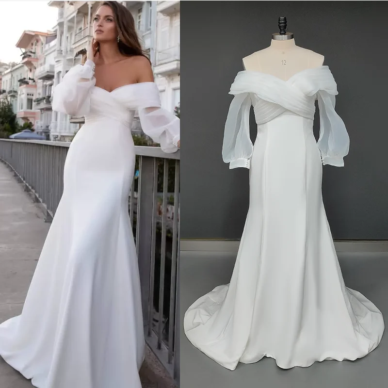 13163#Mermaid Simple Wedding Dresses Off-Shoulder Puffy Sleeves Pleated Boho Civil Soft Satin Elegant Wedding Bridal Gown