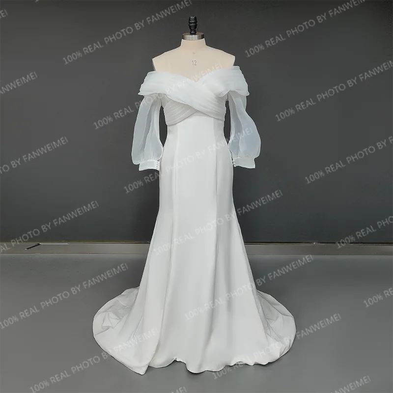 13163#Mermaid Simple Wedding Dresses Off-Shoulder Puffy Sleeves Pleated Boho Civil Soft Satin Elegant Wedding Bridal Gown