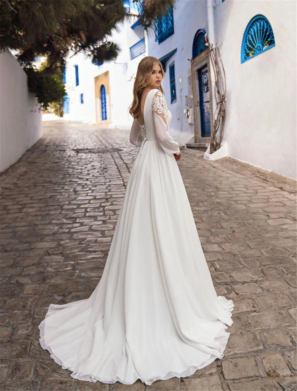 13104#A-Line Simple V-Neck Beach Bohemian Pleated Chiffon Princess Lace-up Long Sleeve Lace Appliques Wedding Dress Bridal Gown